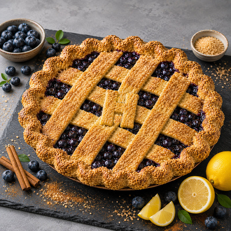 Blueberry pie with a lattice crust on a slate board with lemons and cinnamon sticks.